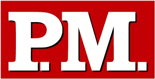Logo der Zeitschrift P.M. mit weißen Buchstaben auf rotem Hintergrund, wobei 'P.' und 'M.' größer und in Fettschrift dargestellt sind.