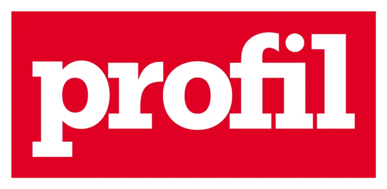 Das Logo von profil auf rotem Hintergrund, der Schriftzug ist in weißer, moderner Schrift gehalten.